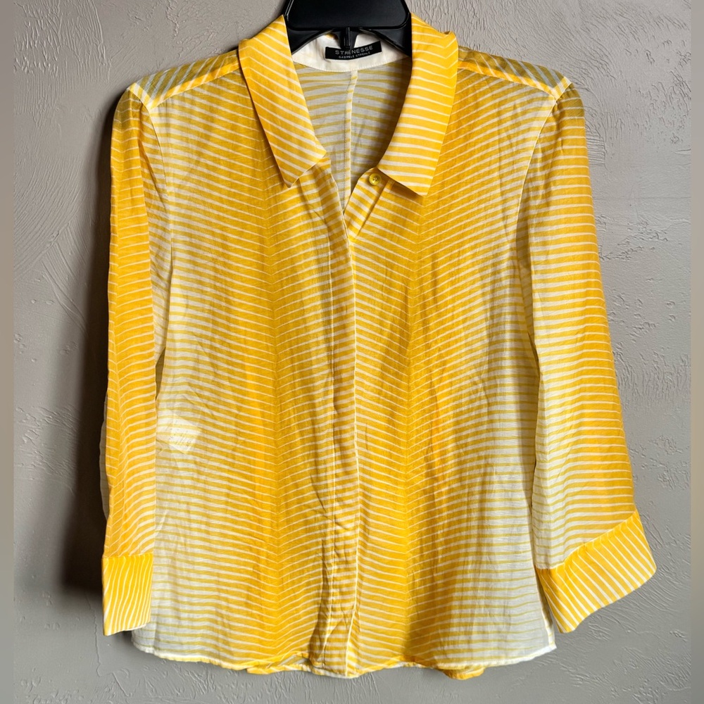 STRENESSE Yellow and White Striped Semi-sheer Blouse